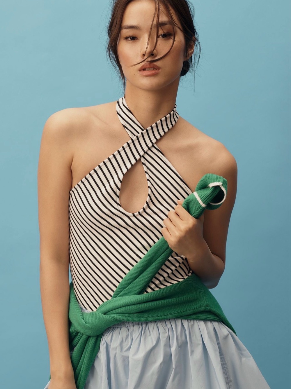 NWT Maeve Twist-Front Halter Top in Black and White Stripe Medium
